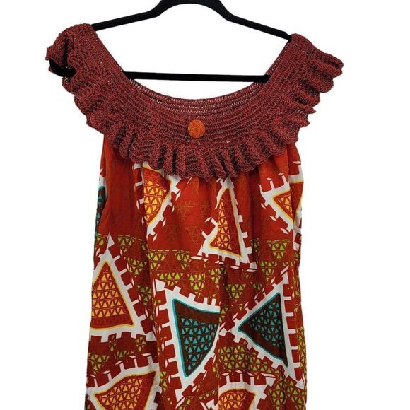 Vtg 70's Dress Handmade Crochet Ruffle Off Shoulder Collar Mermaid Maxi Red Sz M - Picture 3 of 12